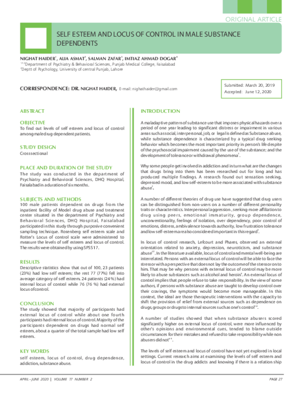 (PDF) Self Esteem and Locus of Control in Male Substance Dependents