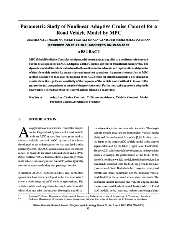 (PDF) Parametric Study of Nonlinear Adaptive Cruise Control for a Road ...