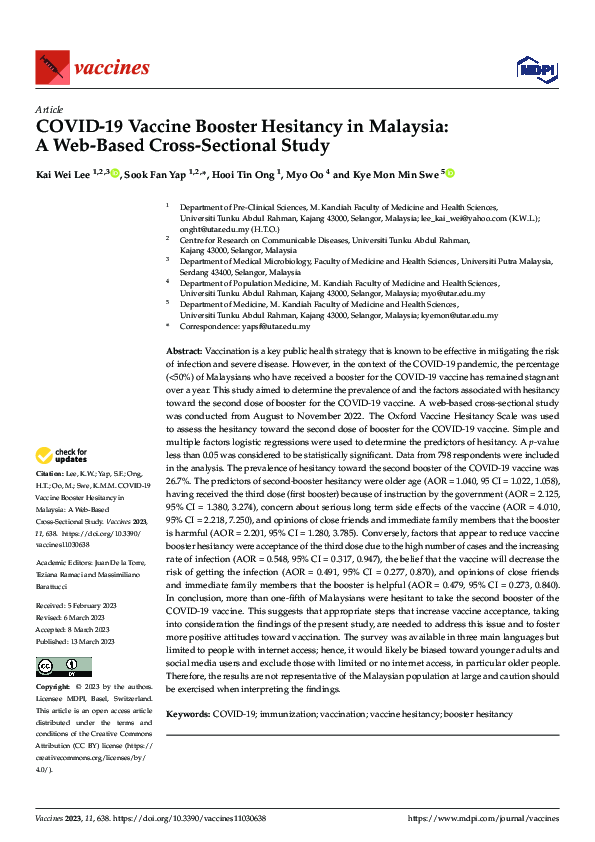 (PDF) COVID-19 Vaccine Booster Hesitancy in Malaysia: A Web-Based Cross ...