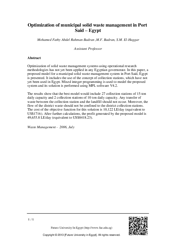 (PDF) Optimization of municipal solid waste management in Port Said – Egypt