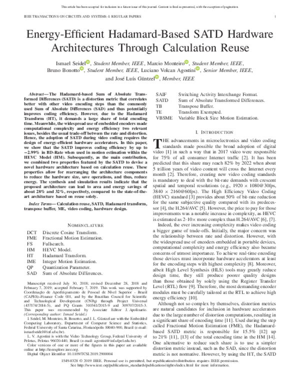 (PDF) Energy-Efficient Hadamard-Based SATD Hardware Architectures ...