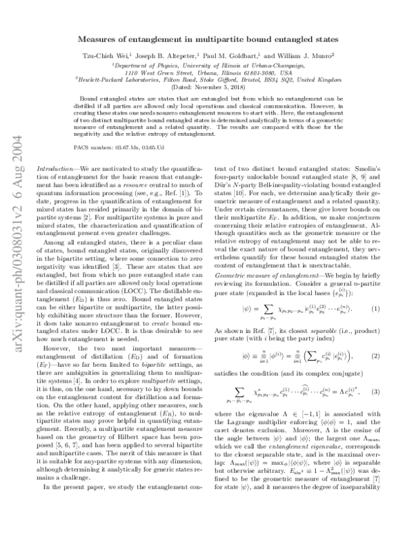 (PDF) Measures of entanglement in multipartite bound entangled states