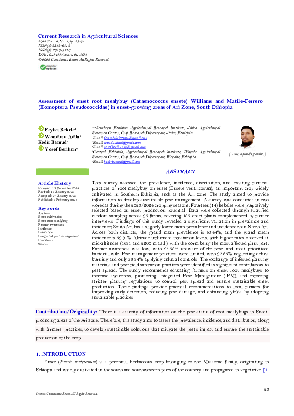 (PDF) Assessment of enset root mealybug (Cataenococcus ensete) Williams ...