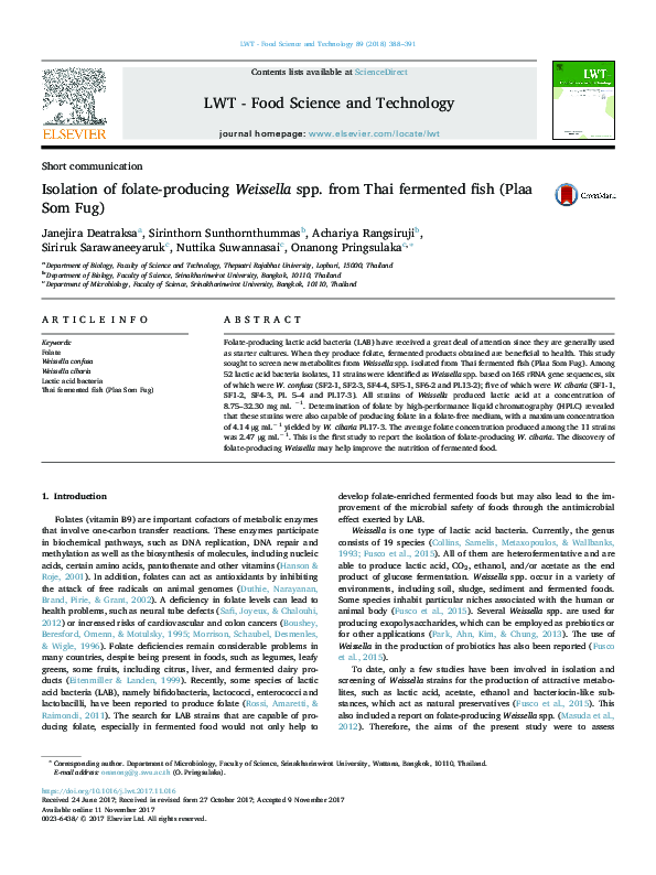 (PDF) Isolation of folate-producing Weissella spp. from Thai fermented ...