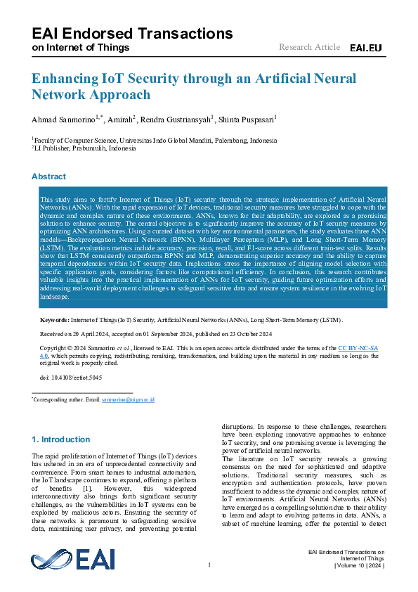 (PDF) Enhancing IoT Security through an Artificial Neural Network Approach
