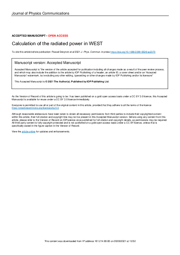 (PDF) Calculation of the radiated power in WEST