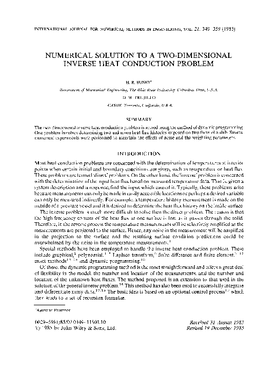 (PDF) Numerical solution to a two‐dimensional inverse heat conduction ...