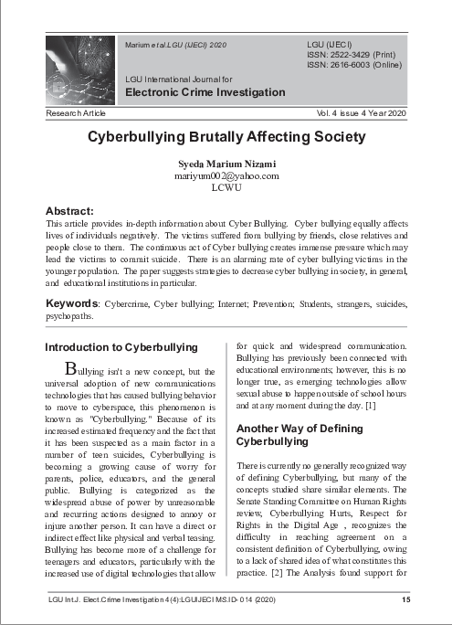 (PDF) The Cyberbullying Brutally Affecting Society