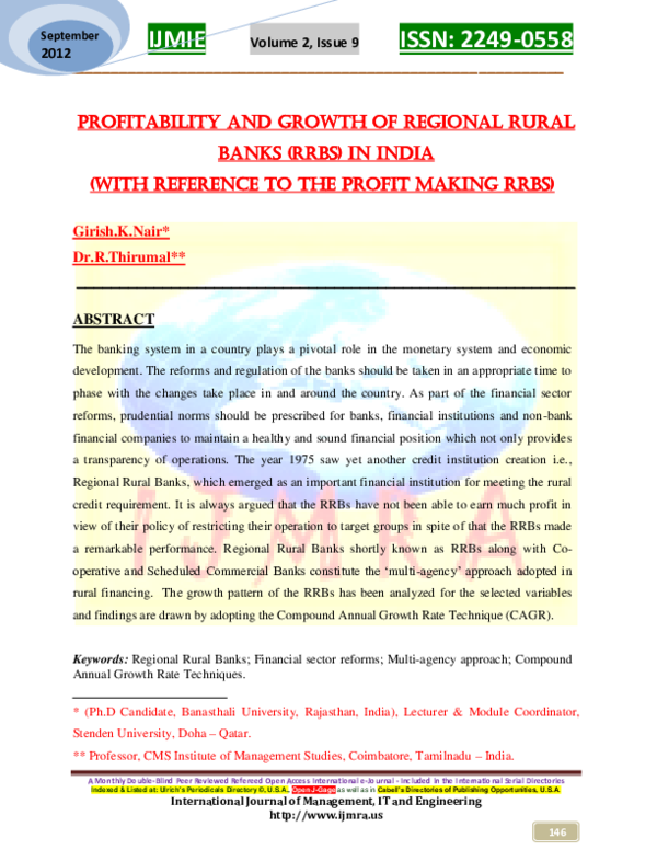 (PDF) PROFITABILITY AND GROWTH OF REGIONAL RURAL BANKS (RRBs) IN INDIA ...