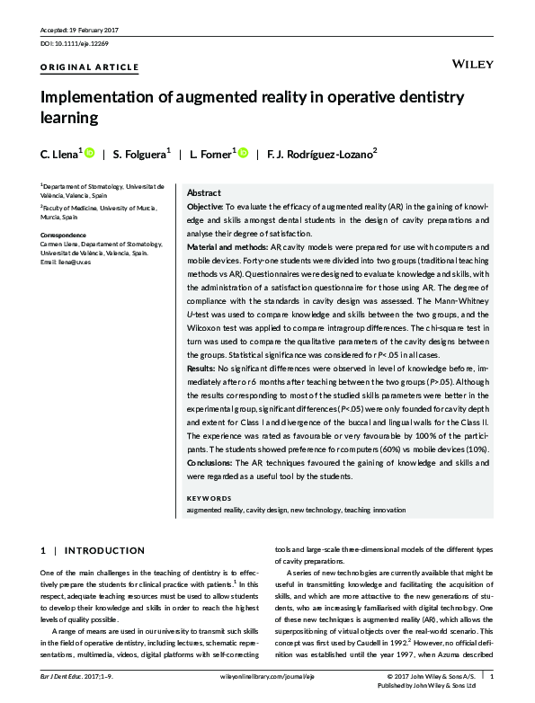 (PDF) Implementation of augmented reality in operative dentistry learning
