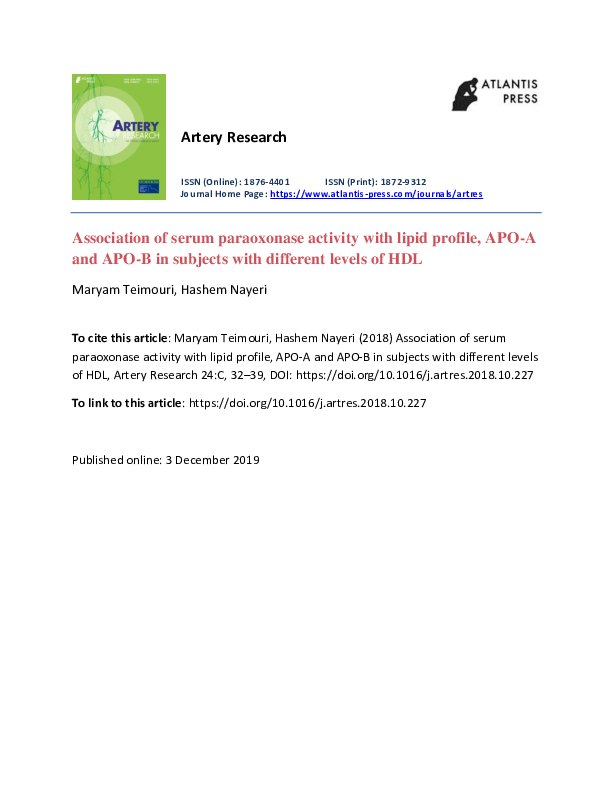 (PDF) Association of serum paraoxonase activity with lipid profile, APO ...
