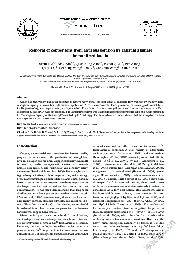 (PDF) Removal of copper ions from aqueous solution by calcium alginate ...