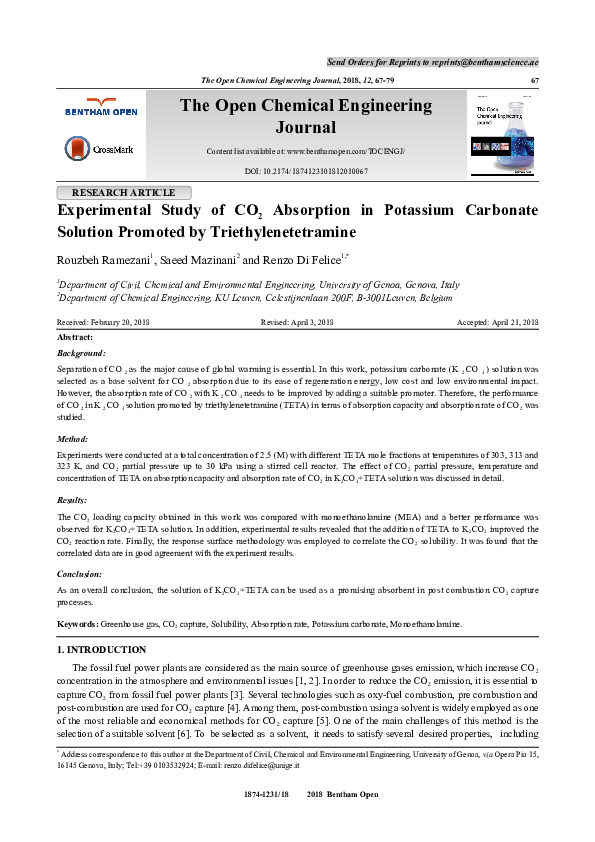 (PDF) Experimental Study of CO2 Absorption in Potassium Carbonate ...
