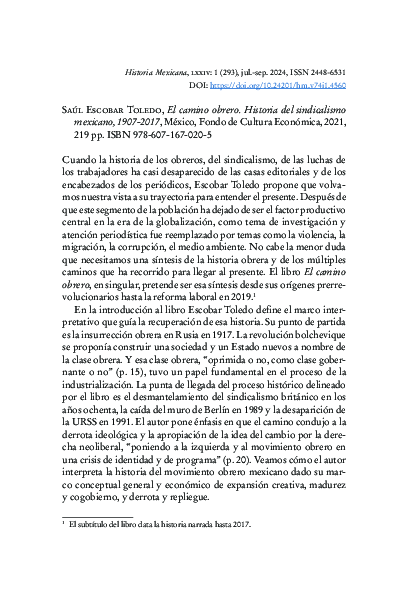 (PDF) Sobre Saúl Escobar Toledo, El camino obrero. Historia del ...