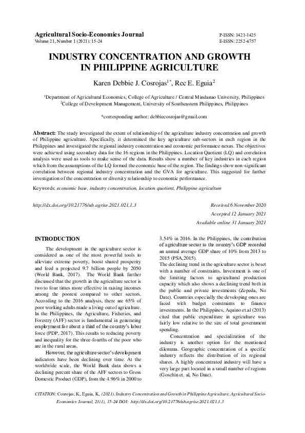 (PDF) Industry Concentration and Growth in Philippine Agriculture