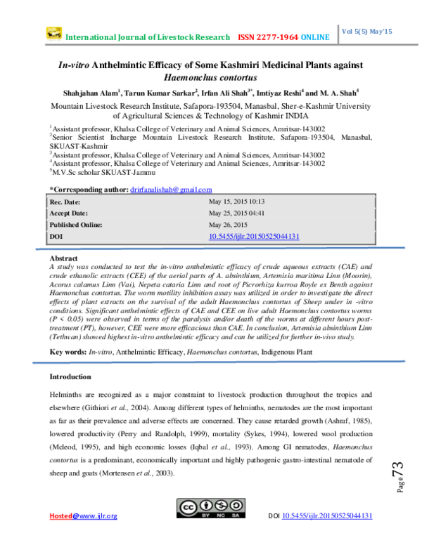(PDF) In-vitro Anthelmintic Efficacy of Some Kashmiri Medicinal Plants ...