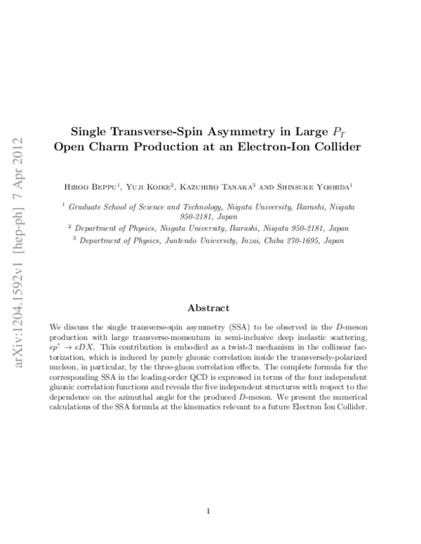 (PDF) Single transverse-spin asymmetry in largePTopen charm production ...