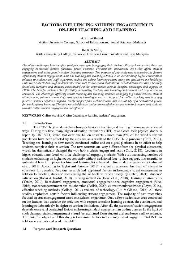 (PDF) Factors Influencing Student Engagement in On-line Teaching and ...
