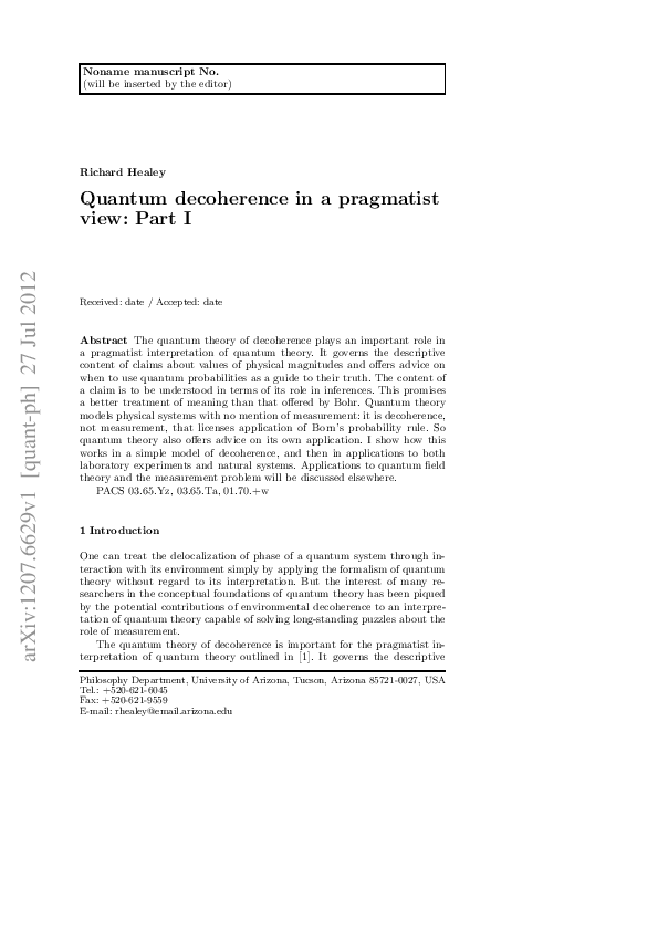 (PDF) Quantum decoherence in a pragmatist view: Part I