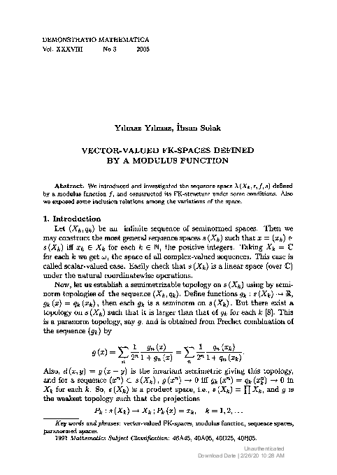 (PDF) Vector-Valued FK-Spaces Defined by a Modulus Function