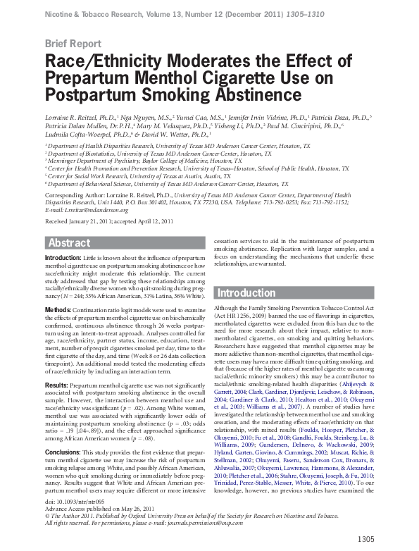 (PDF) Race/Ethnicity Moderates the Effect of Prepartum Menthol ...