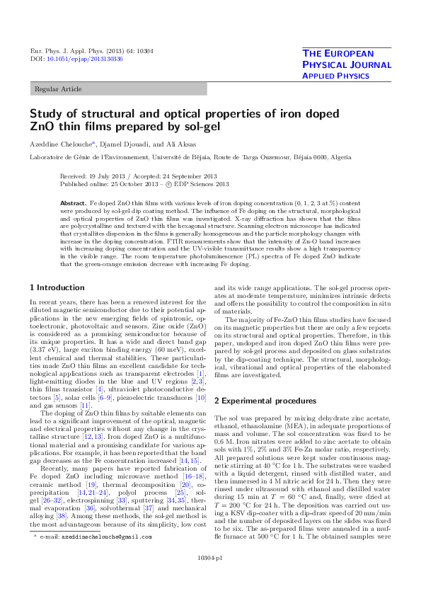 (PDF) Study of structural and optical properties of iron doped ZnO thin ...
