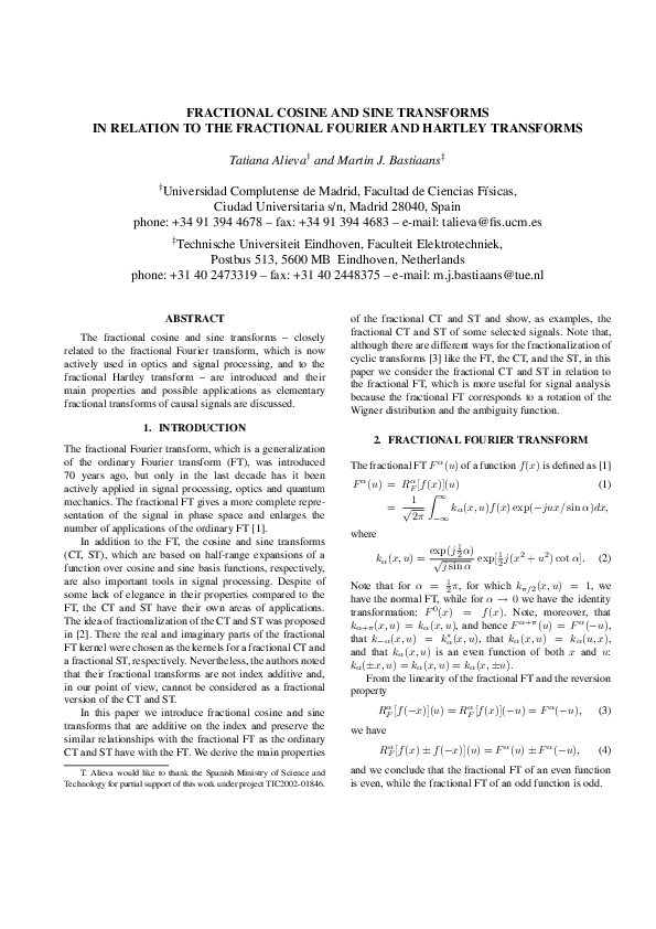 (PDF) Fractional cosine and sine transforms in relation to the ...