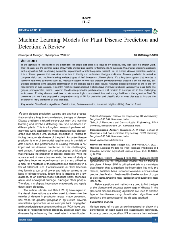 (PDF) Machine Learning Models for Plant Disease Prediction and ...