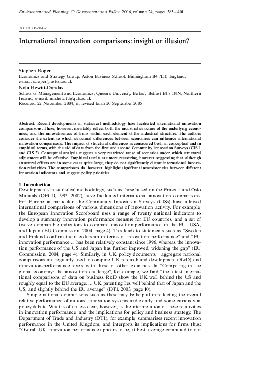 (PDF) International innovation comparisons: insight or illusion?