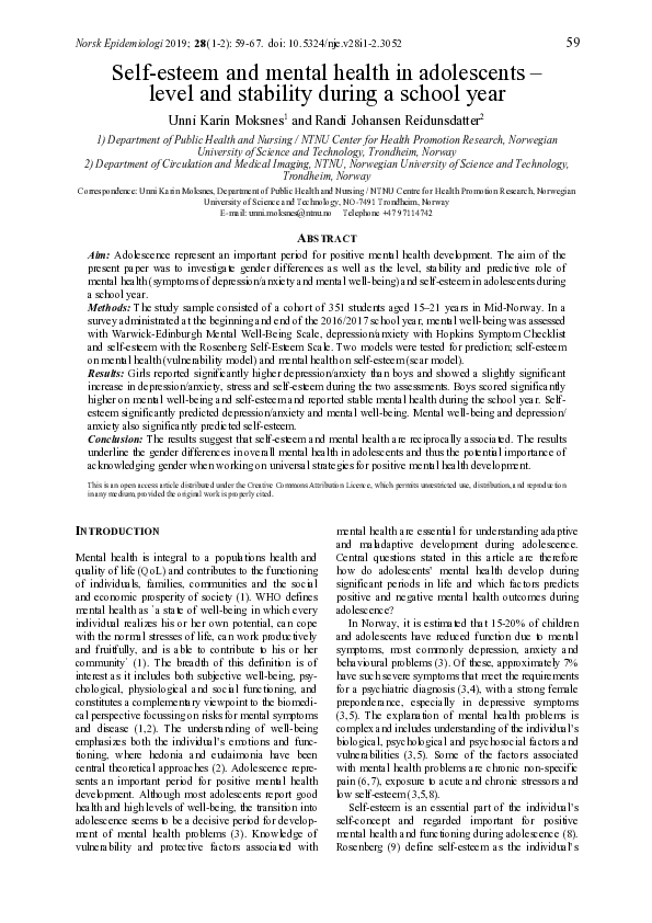 (PDF) Self-esteem and mental health in adolescents – level and ...