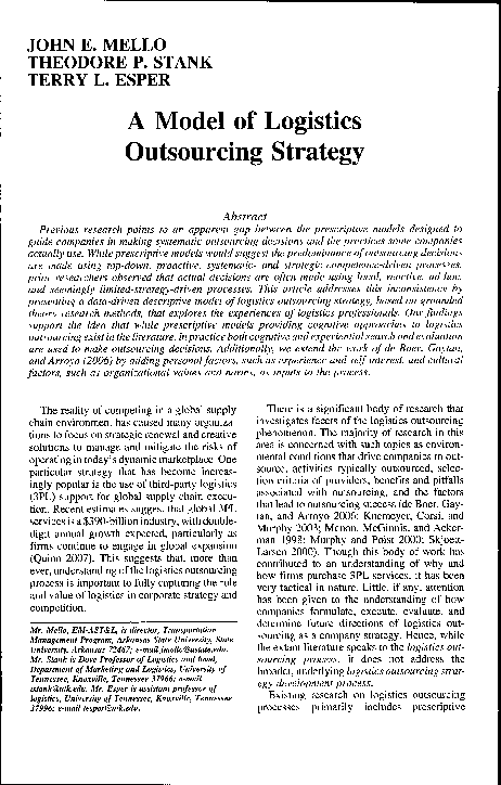(PDF) A Model of Logistics Outsourcing Strategy