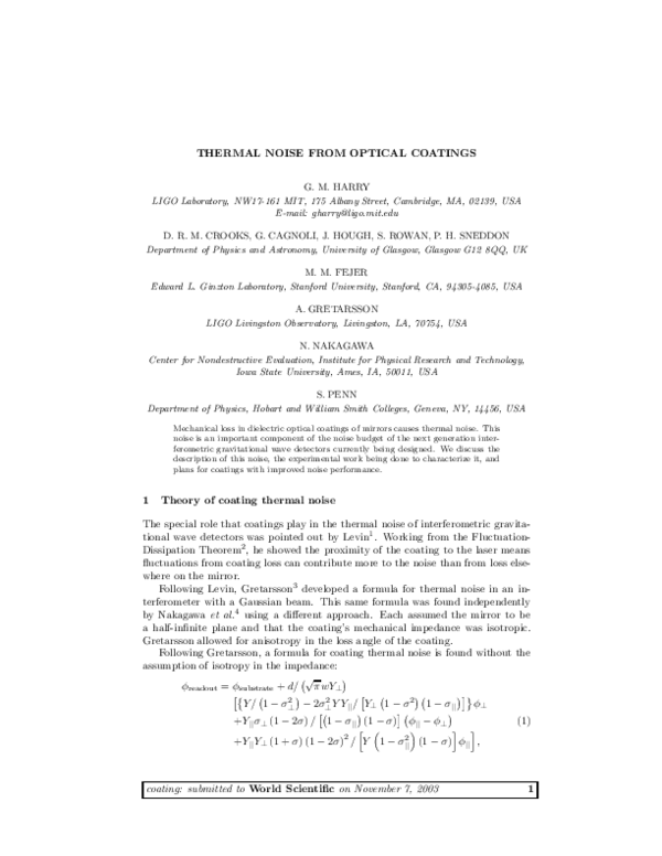 (PDF) Thermal Noise from Optical Coatings