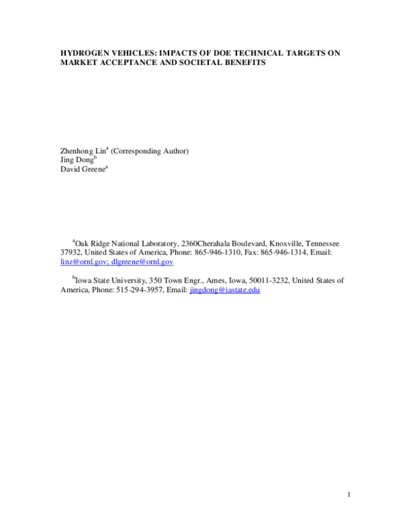 (PDF) Hydrogen vehicles: Impacts of DOE technical targets on market ...