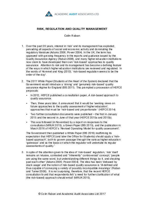 (PDF) RISK, REGULATION AND QUALITY MANAGEMENT
