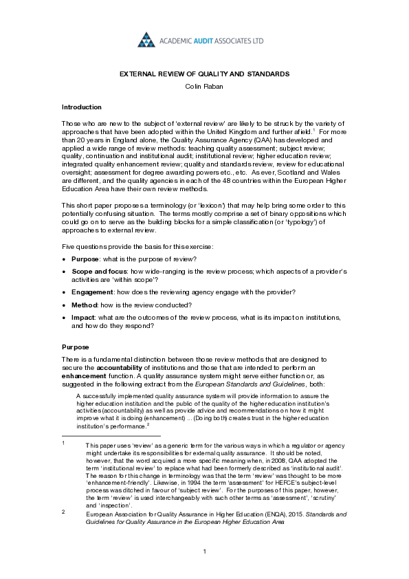 (PDF) EXTERNAL REVIEW OF QUALITY AND STANDARDS