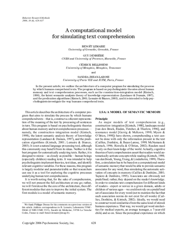 (PDF) A computational model for simulating text comprehension