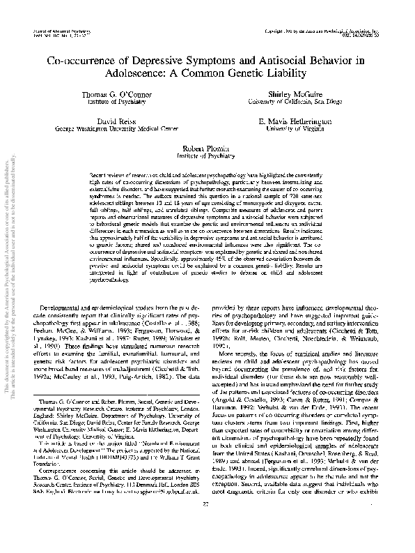 (PDF) Co-occurrence of depressive symptoms and antisocial behavior in ...