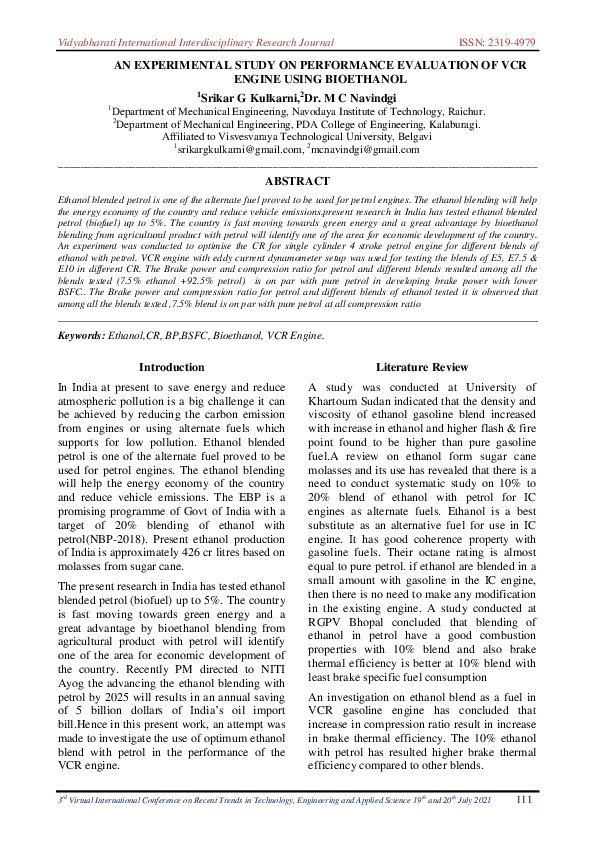 (PDF) AN EXPERIMENTAL STUDY ON PERFORMANCE EVALUATION OF VCR ENGINE ...