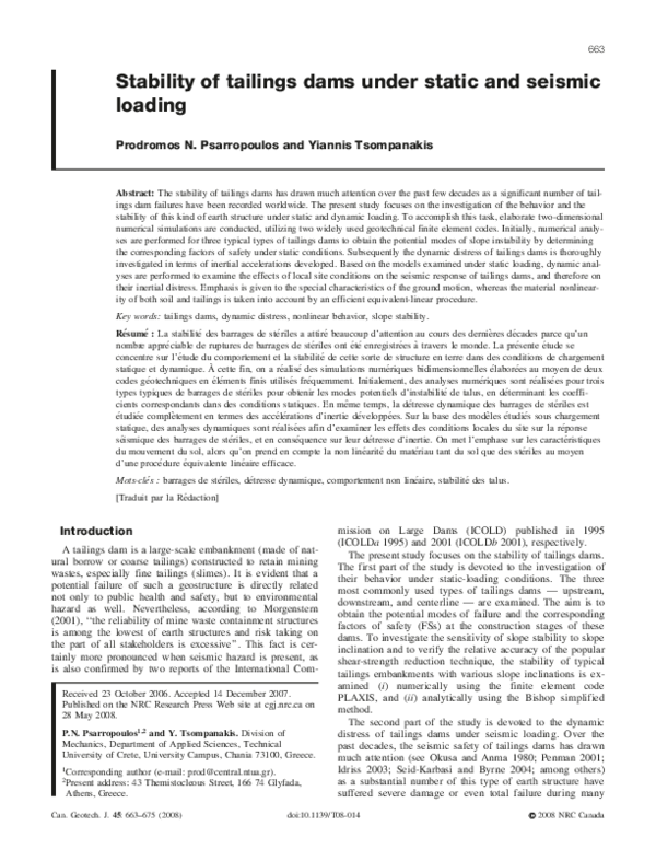 (PDF) Stability of tailings dams under static and seismic loading