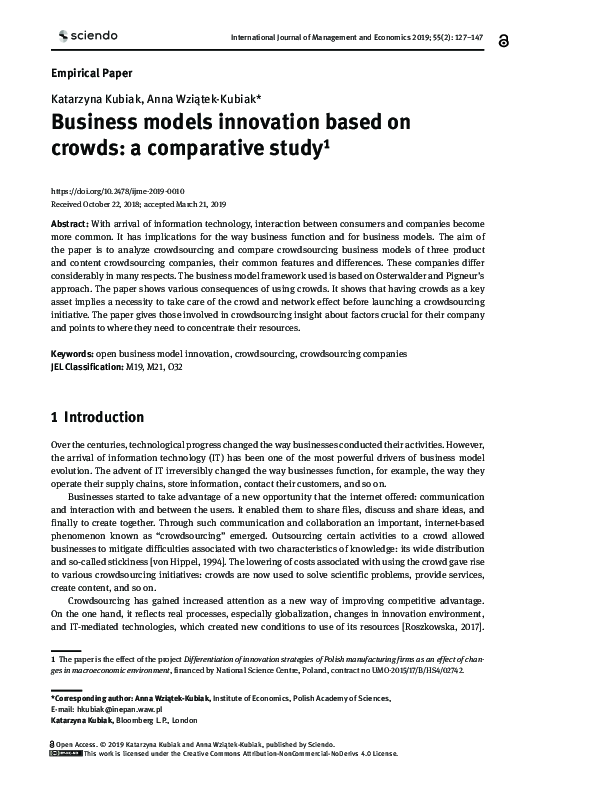 (PDF) Business models innovation based on crowds: a comparative study