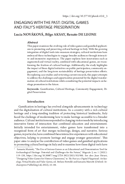 (PDF) ENGAGING WITH THE PAST: DIGITAL GAMES AND ITALY'S HERITAGE ...