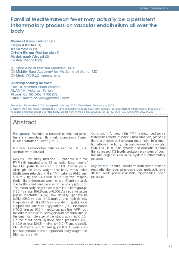 (PDF) Familial Mediterranean fever may actually be a persistent ...