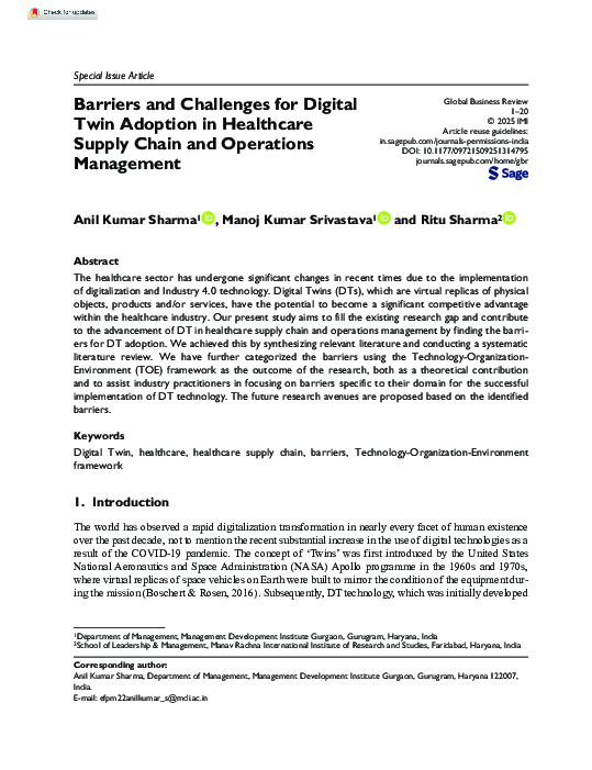 (PDF) Barriers and Challenges for Digital Twin Adoption in Healthcare ...