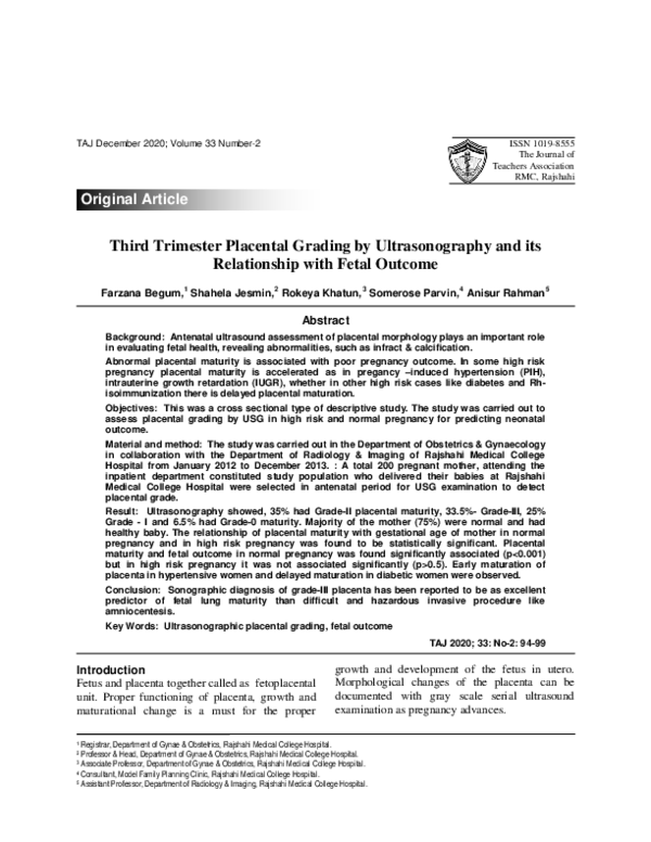 (PDF) Third Trimester Placental Grading by Ultrasonography and its ...
