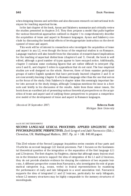 (PDF) Second language lexical processes : applied linguistic and ...