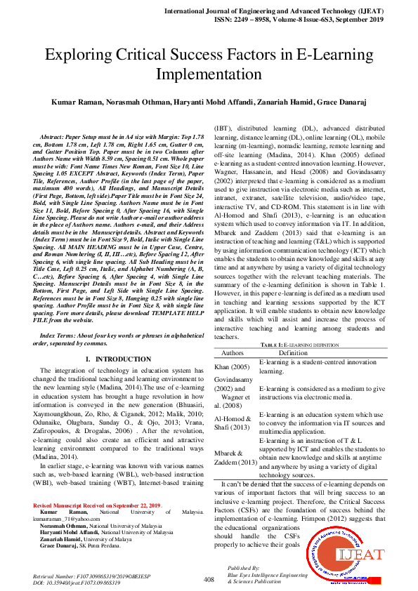 (PDF) Exploring Critical Success Factors in E-Learning Implementation