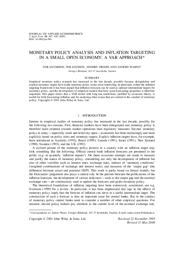 (PDF) Monetary policy analysis and inflation targeting in a small open ...