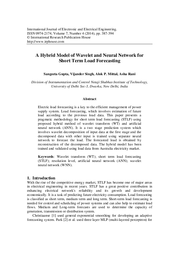 (PDF) A Hybrid Model of Wavelet and Neural Network for Short Term Load ...