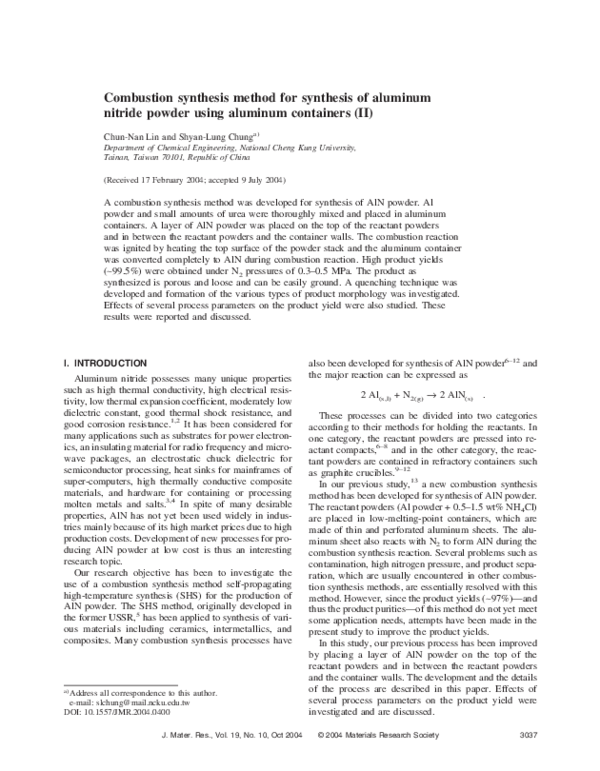 (PDF) Combustion synthesis method for synthesis of aluminum nitride ...