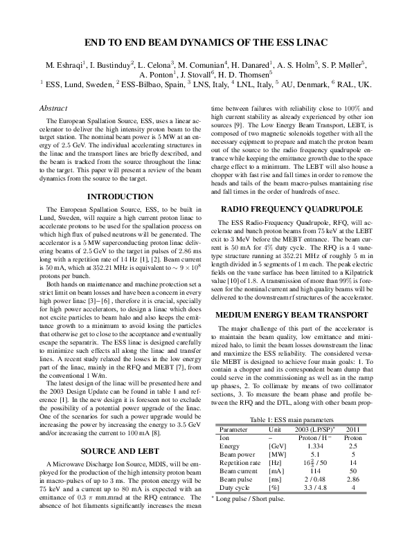 (PDF) End to End Beam Dynamics of the Ess Linac